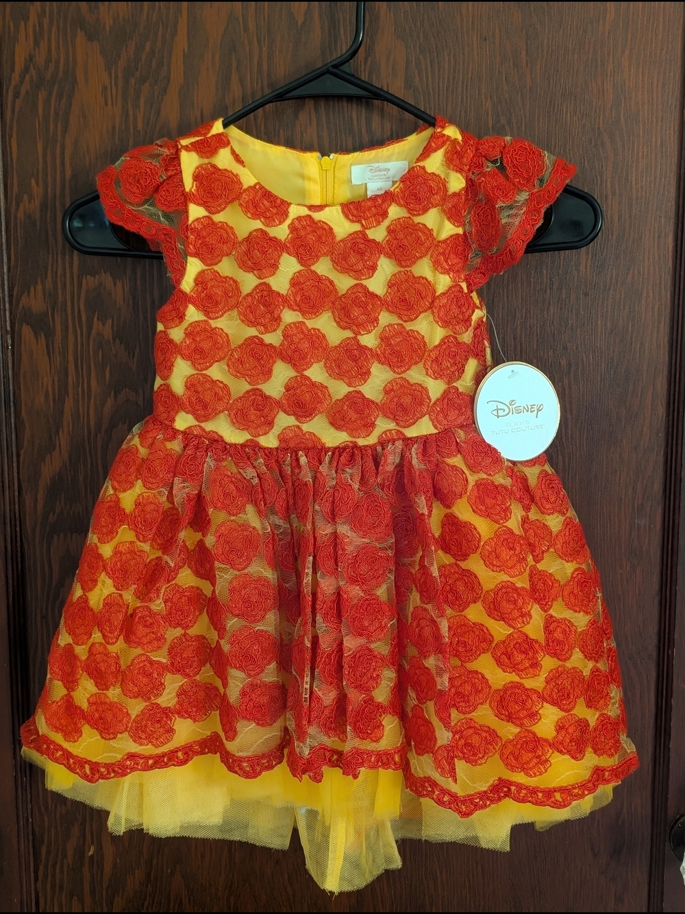 Disney Tutu Couture Belle Yellow Dress with Red Rose Appliques